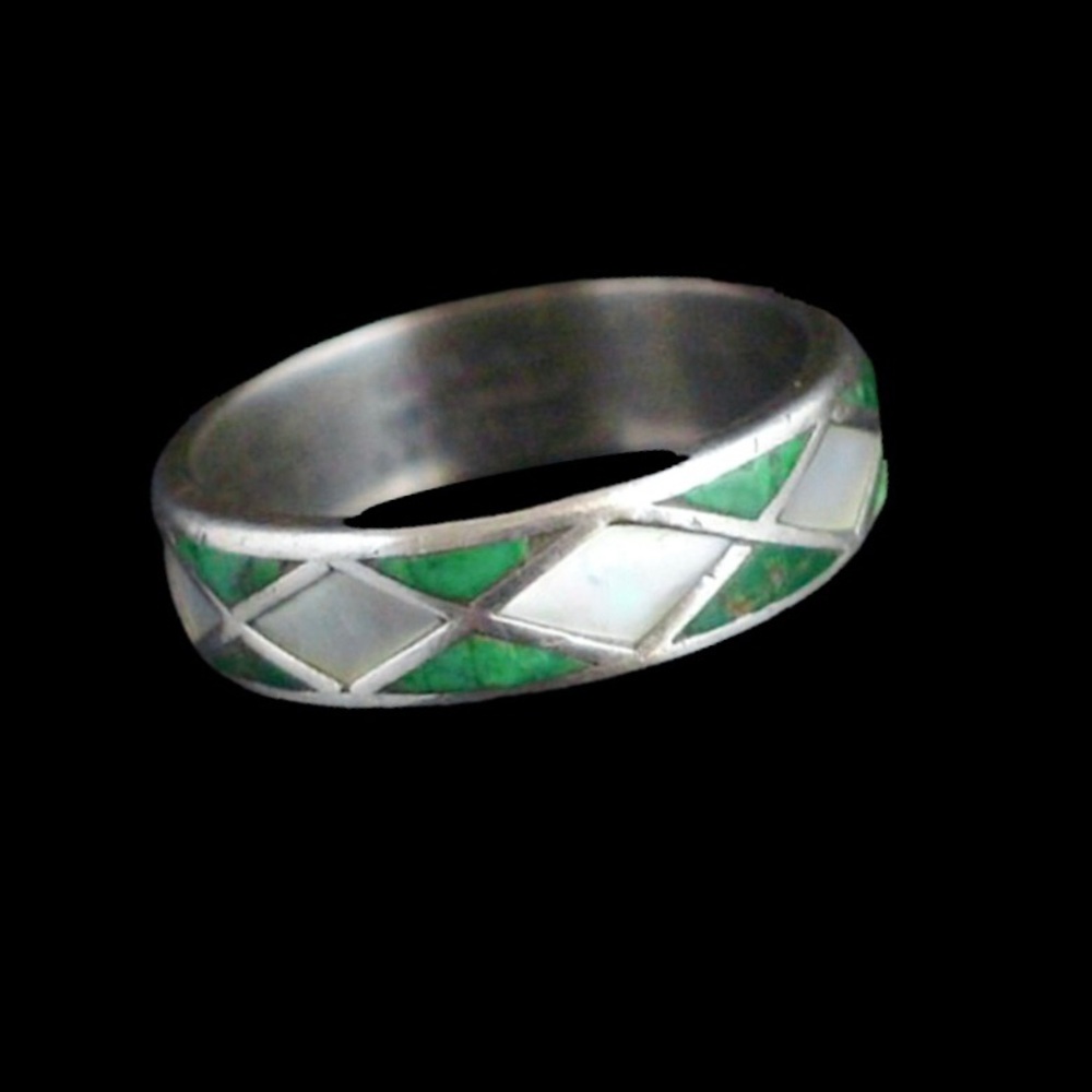 TAXCO Sterling Silver Green Turquoise Mother of Pearl Inlay Ring Sz 12